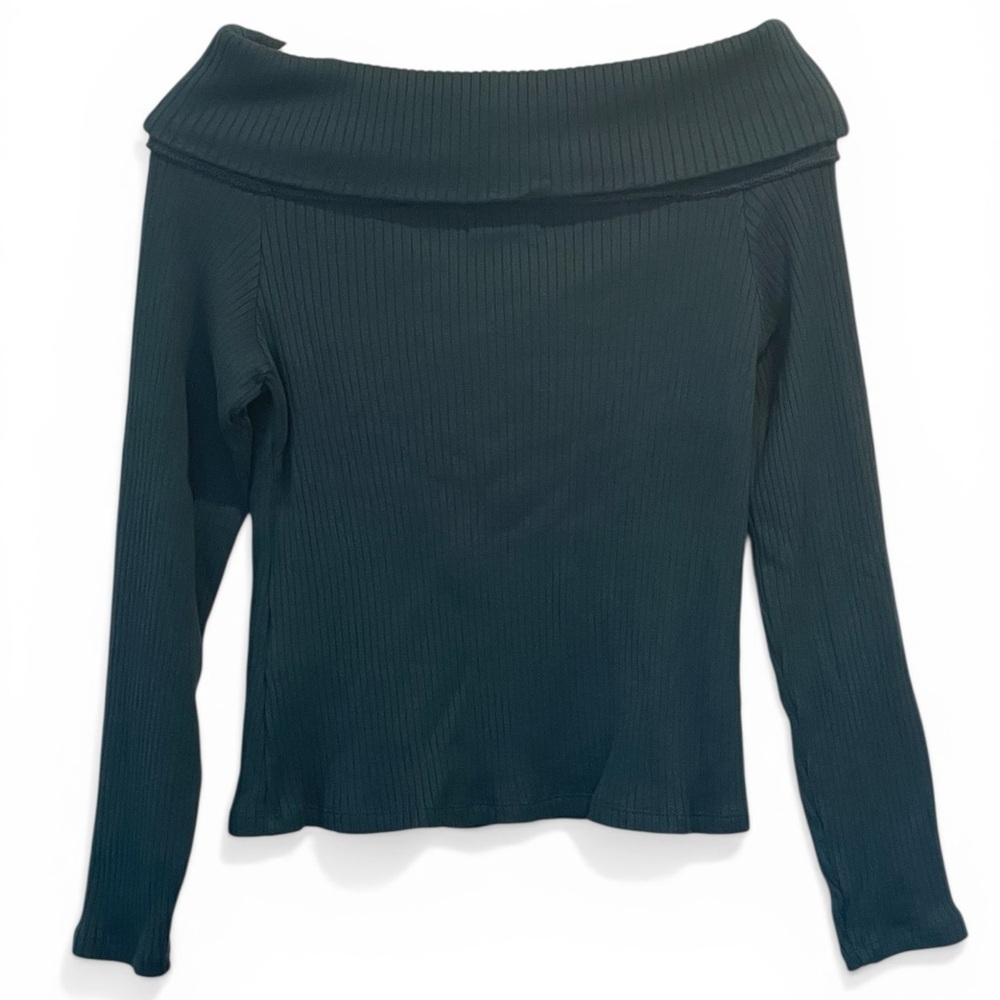 Madewell Ribbed Off-the-Shoulder Top, Teal Blue, Long Sleeve, Soft, Size Large, - Picture 3 of 13